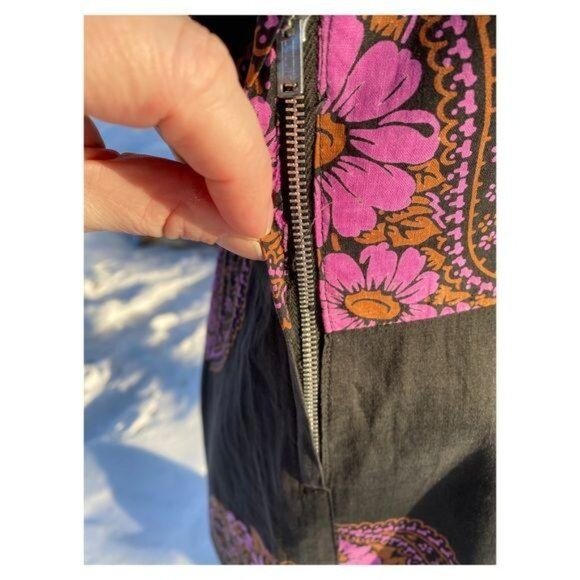 60s Cotton Day Dress Midi Groovy Floral Paisley Print Black Pink Yolk Waist - Picture 15 of 16